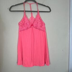 Victoria’s Secret Lace Crochet Sleep Babydoll Dress Sz Medium Pink Coral Nightie